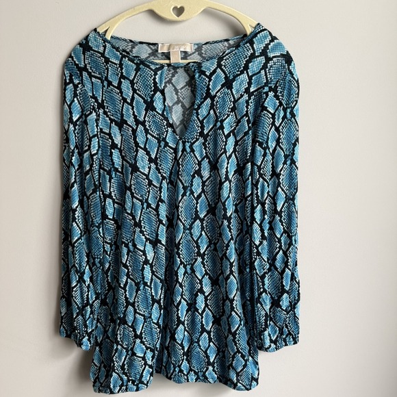 Michael Kors Tops - MICHAEL KORS Y2K Snake Animal Print Top XS Keyhole Blue Stretch Festival Safari